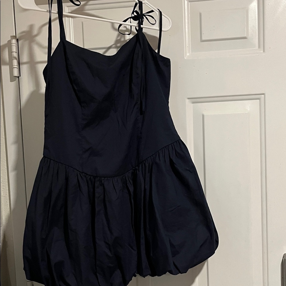 Navy Tie-Strap Bubble Hem Mini Romper Dress